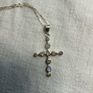 Elegant sterling Silver rainbow moonstone Cross Pendant Necklace